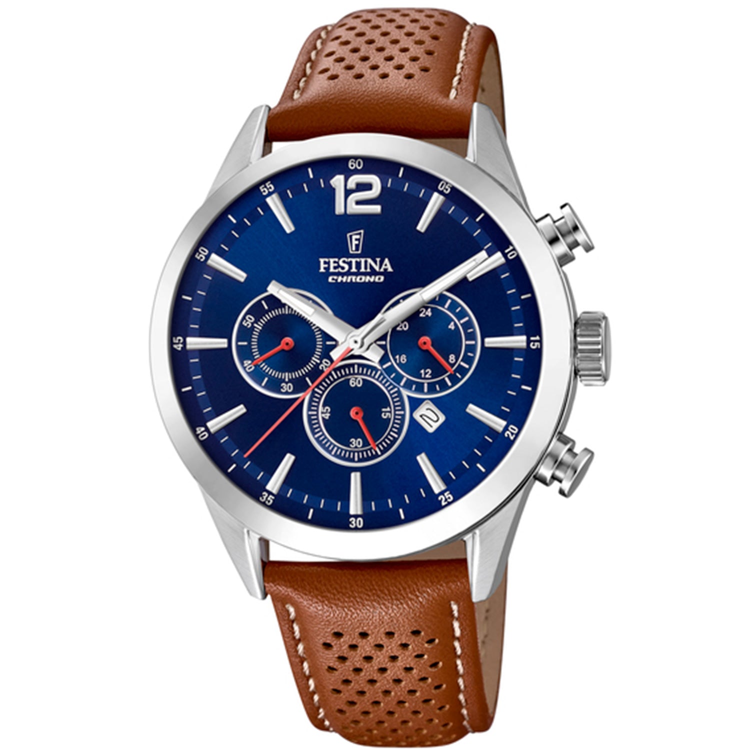 Festina Herrenuhr: blaues Chronograph-Zifferblatt, braunes Lederband, Edelstahlgehäuse