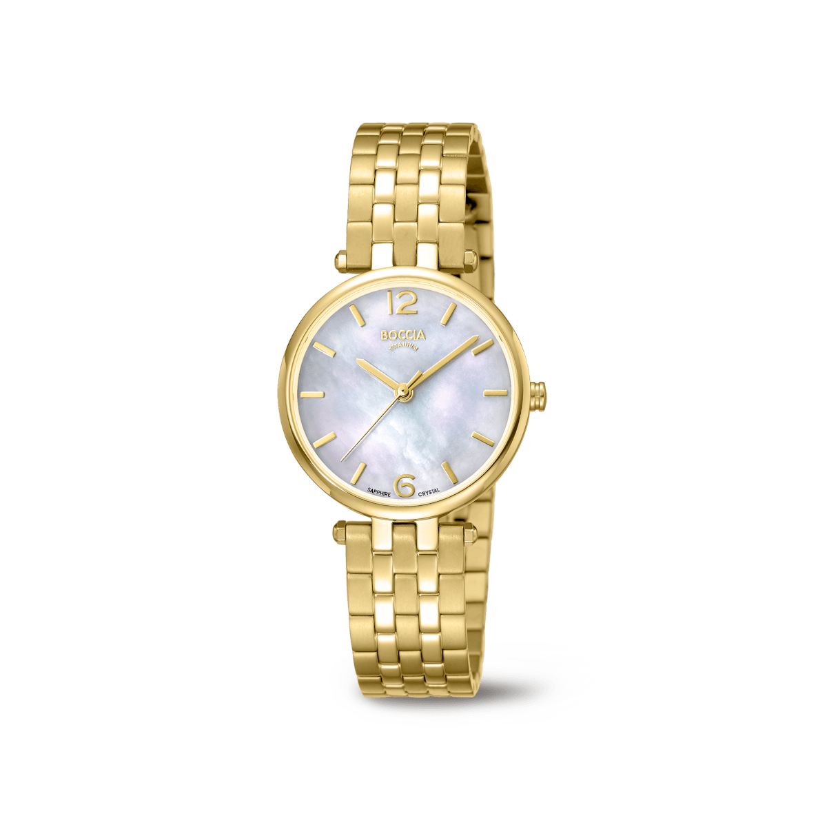 Boccia Damenarmbanduhr mit goldplattiertem Titanarmband und Saphirglas, weißem Zifferblatt