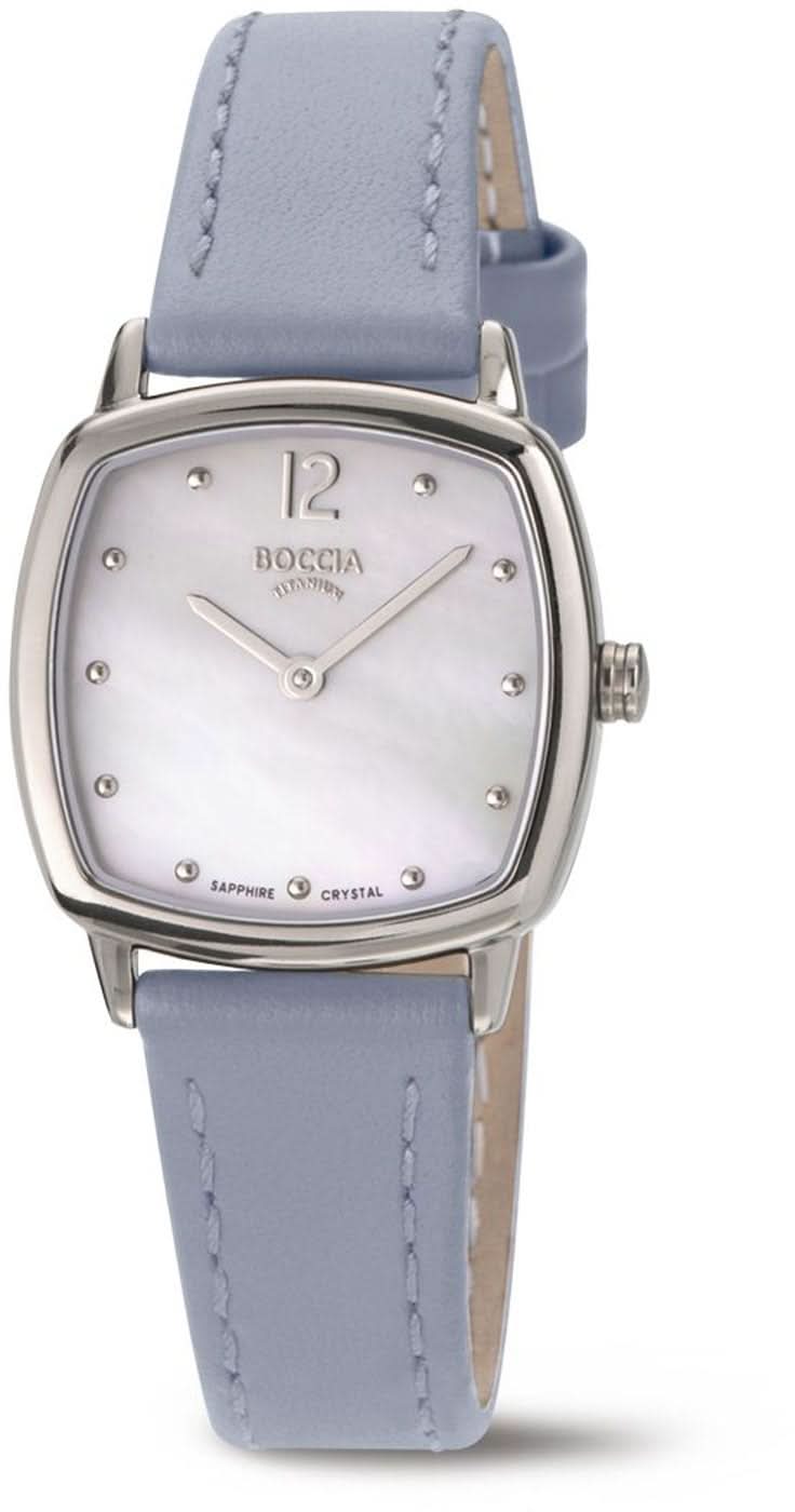 Bracelet de montre pour femme avec bracelet en cuir bleu clair, cadran argenté et boîtier rectangulaire