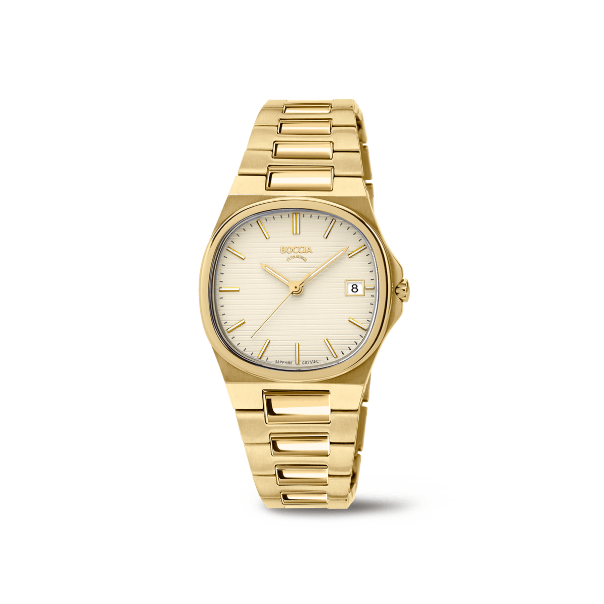 Boccia Damenarmbanduhr, goldfarbenes Titanband, cremefarbenes Zifferblatt, Datum bei 8