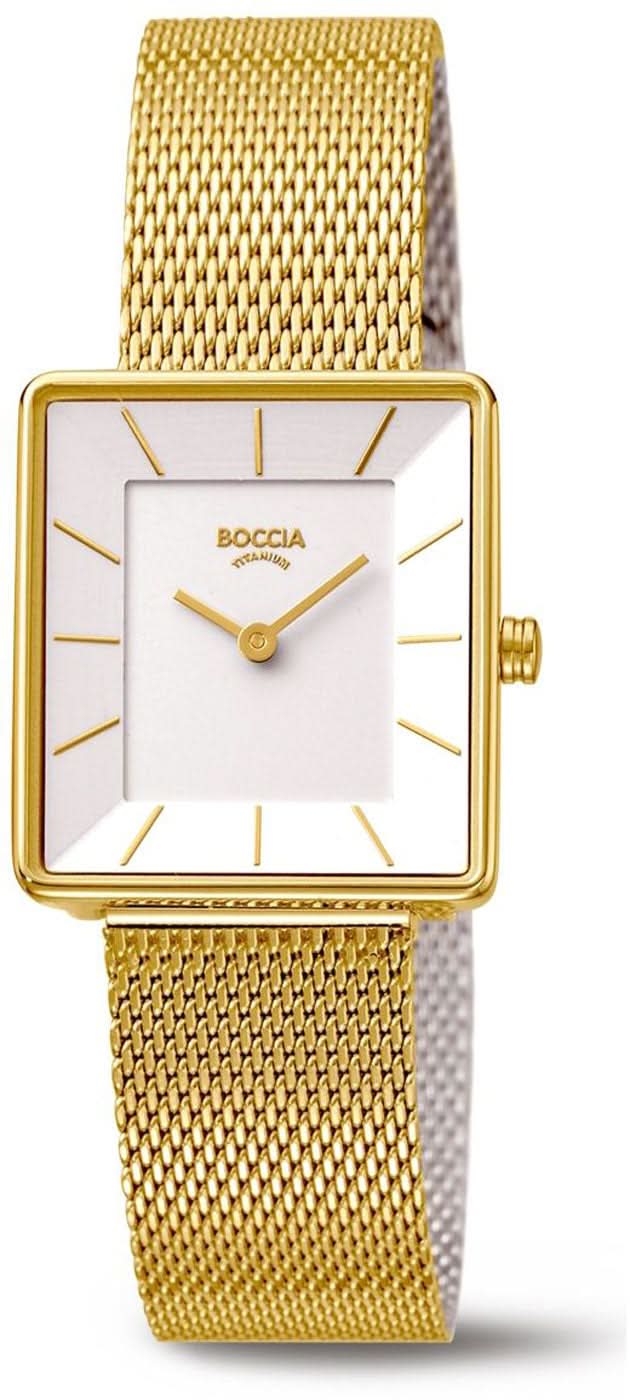 Montre Boccia pour femme avec cadran rectangulaire blanc et bracelet en métal doré