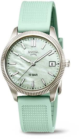 Montre pour femme avec bracelet en silicone vert menthe, lunette argentée et cadran blanc, guichet date