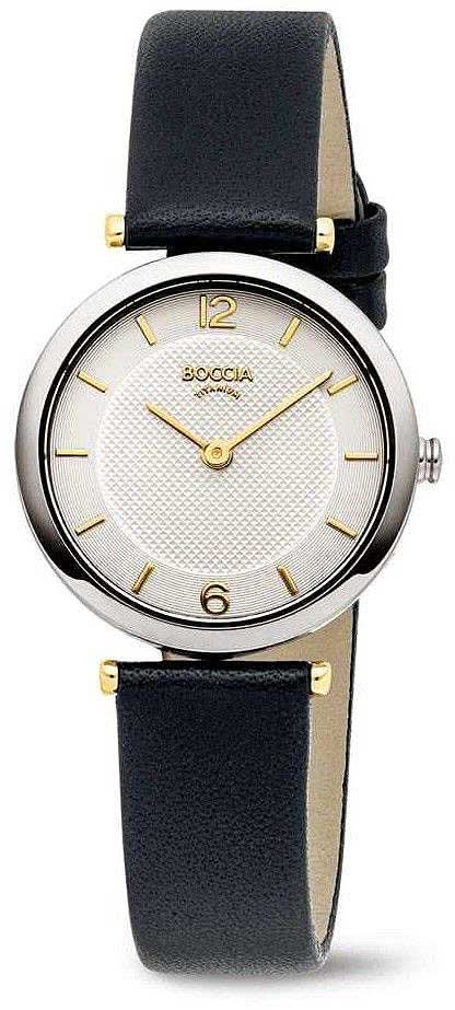 Montre pour femme : boîtier rond argenté, bracelet en cuir foncé, cadran beige avec aiguilles dorées