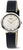 Montre pour femme : boîtier rond argenté, bracelet en cuir foncé, cadran beige avec aiguilles dorées