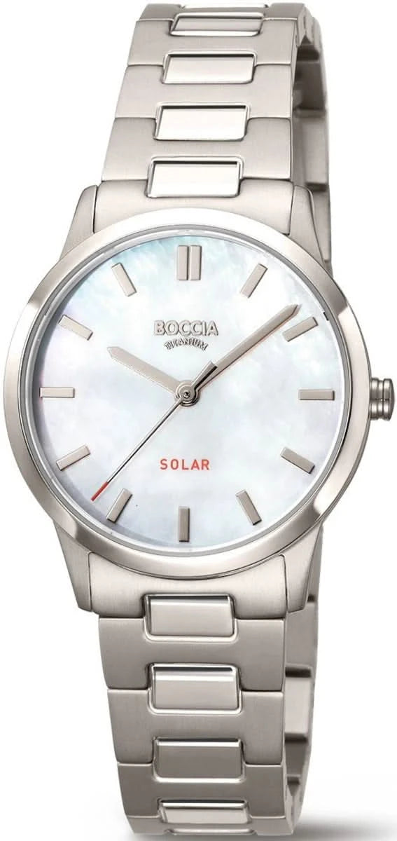 Montre pour femme en titane pur avec énergie solaire, bracelet en métal argenté et cadran blanc