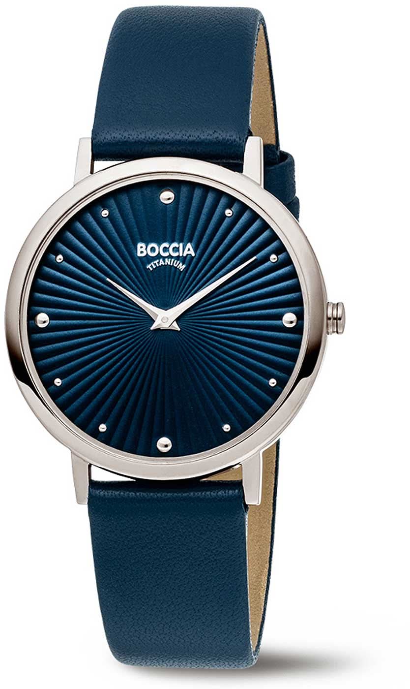 Herrenarmbanduhr mit blauem Zifferblatt, Sonnenschliff und dunkelblauem Lederband.