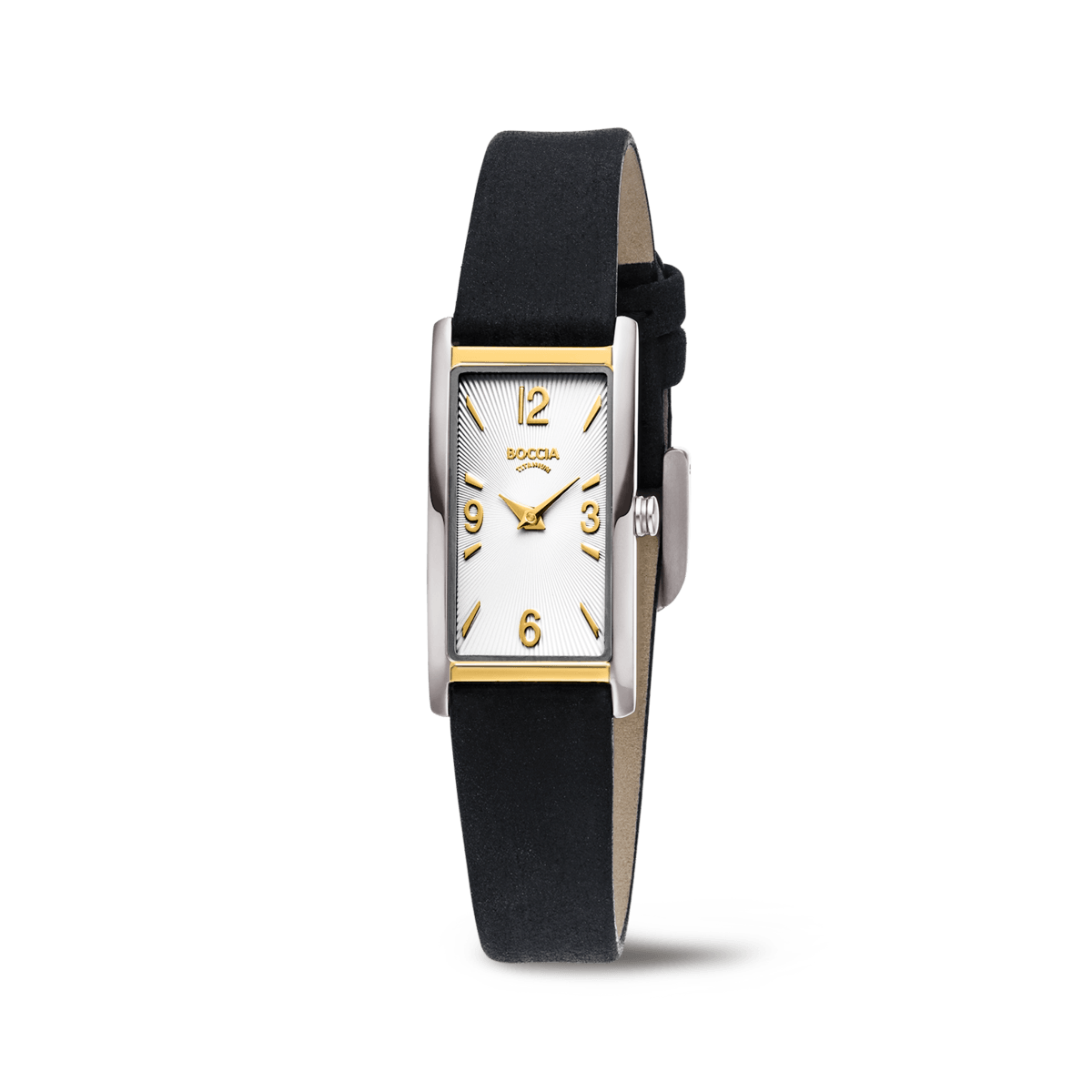 Boccia Damenarmbanduhr mit schwarzem Lederband und weißem Zifferblatt, silbernes Gehäuse