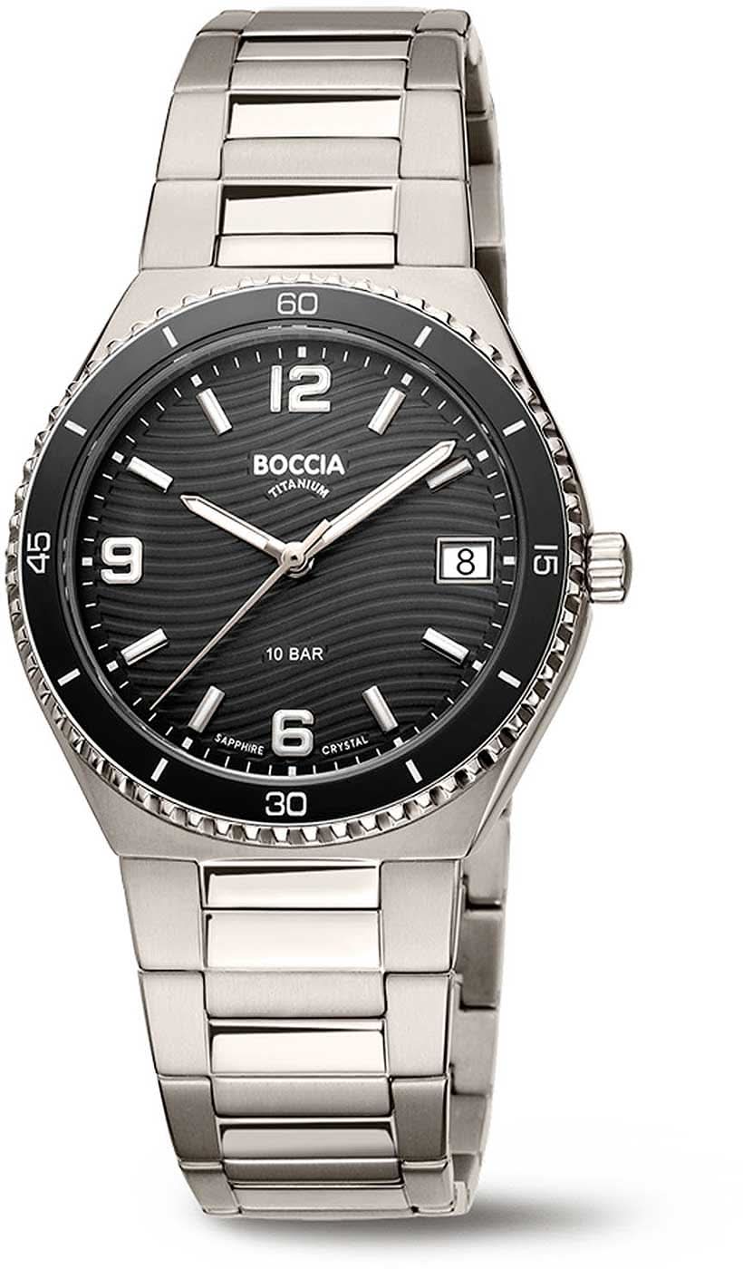 Montre Boccia pour femme avec bracelet en métal argenté, cadran noir et affichage de la date
