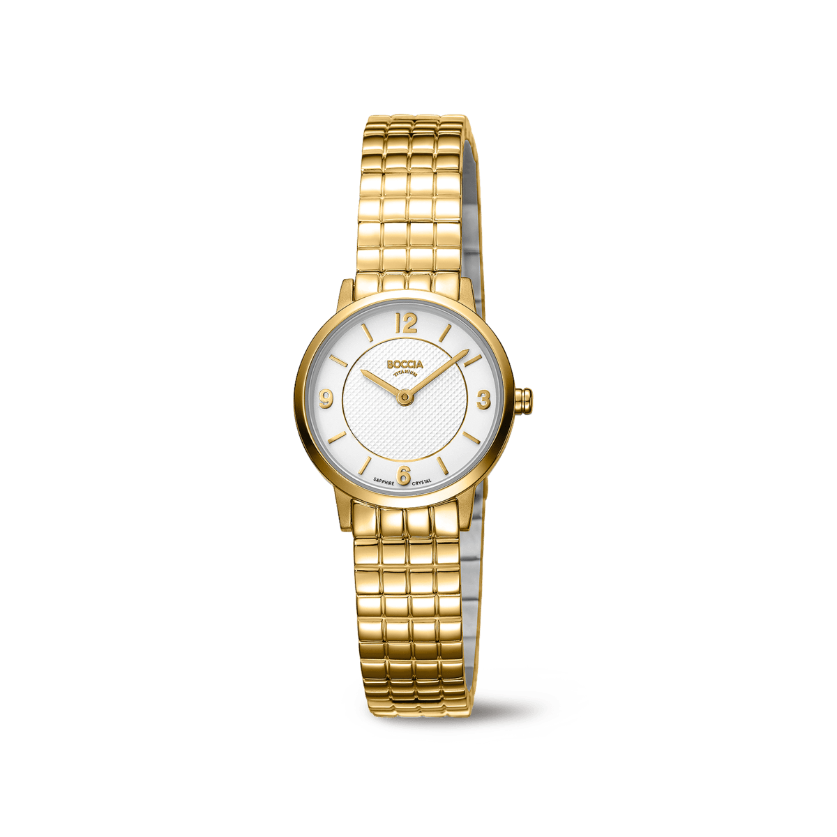 Boccia Damenarmbanduhr mit goldfarbenem Metallband und weißem Zifferblatt, rund