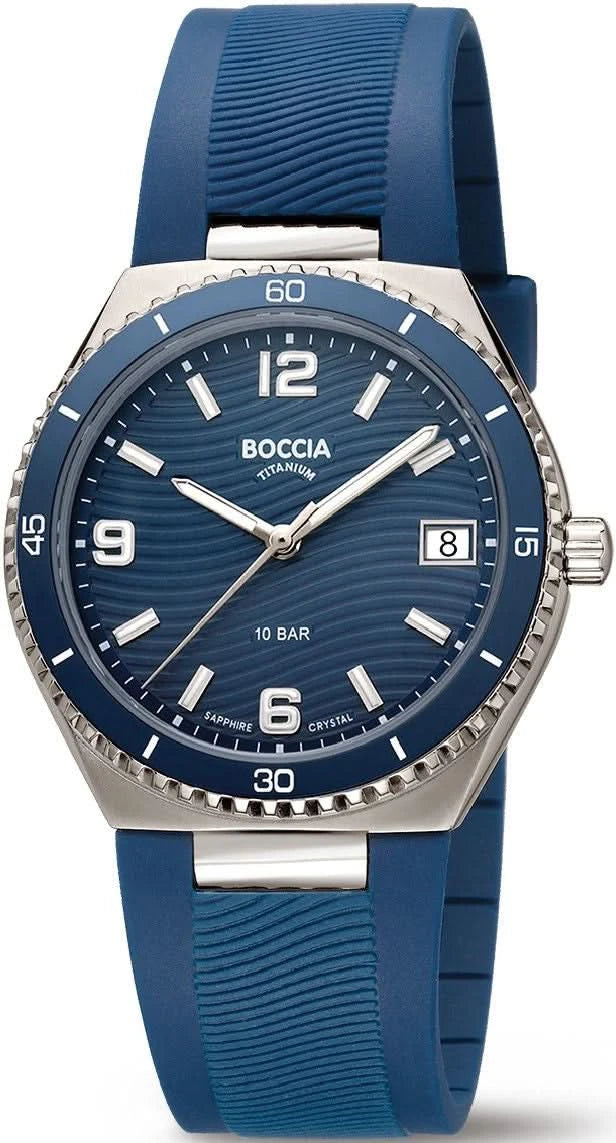 Montre Boccia pour femme avec cadran bleu et bracelet en silicone bleu, boîtier en acier inoxydable argenté
