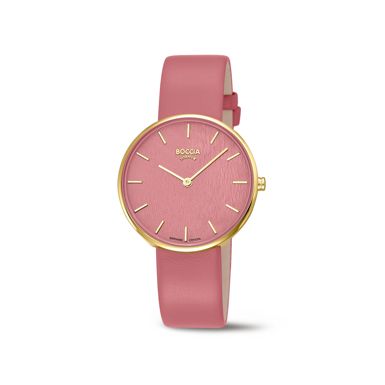 Boccia Damen-Armbanduhr: rotes Lederarmband, goldenes Gehäuse, rosafarbenes Zifferblatt