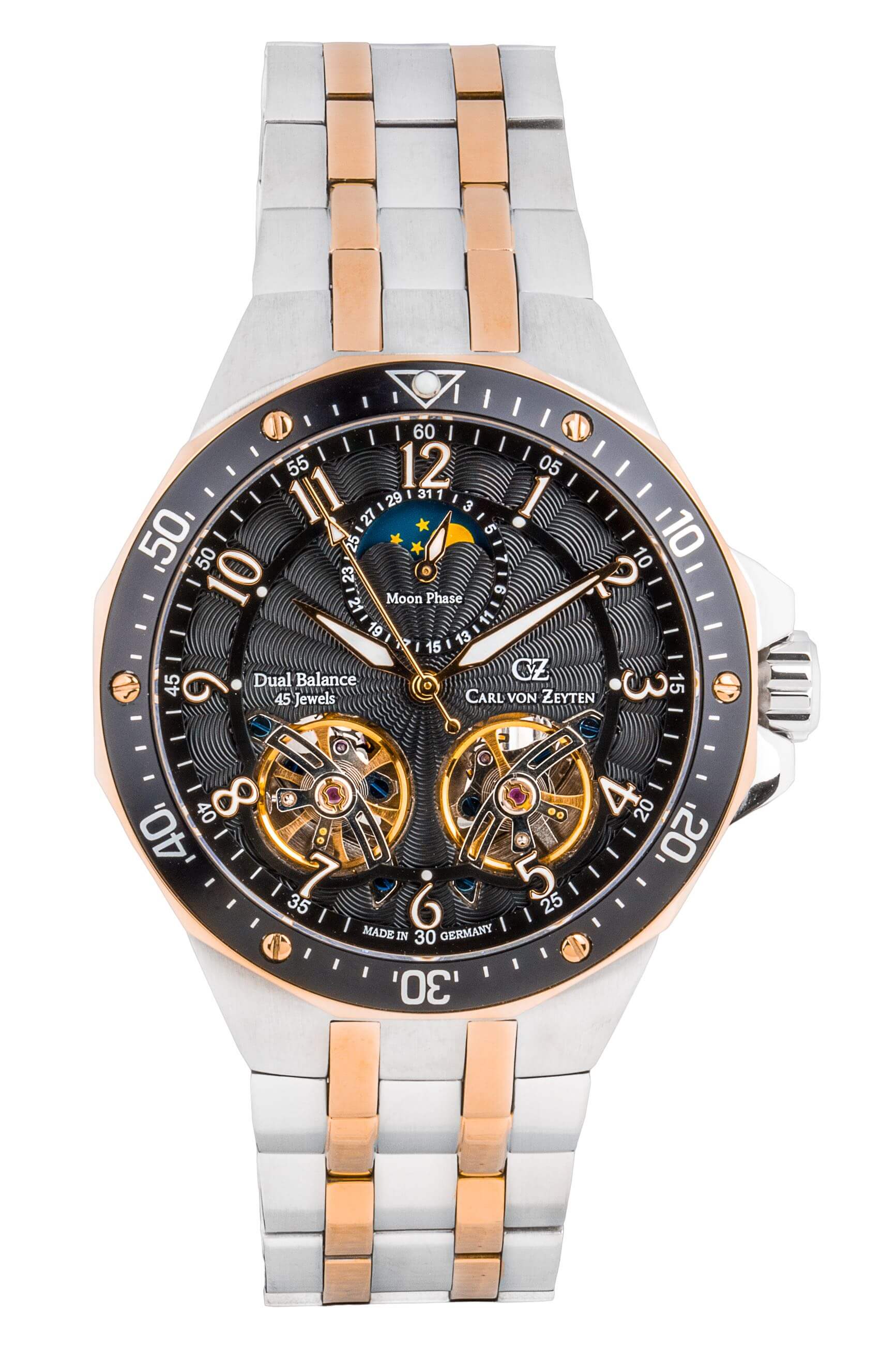 Bicolor Herrenuhr mit schwarzem Zifferblatt, Mondphase und Edelstahlarmband mit Roséakzenten