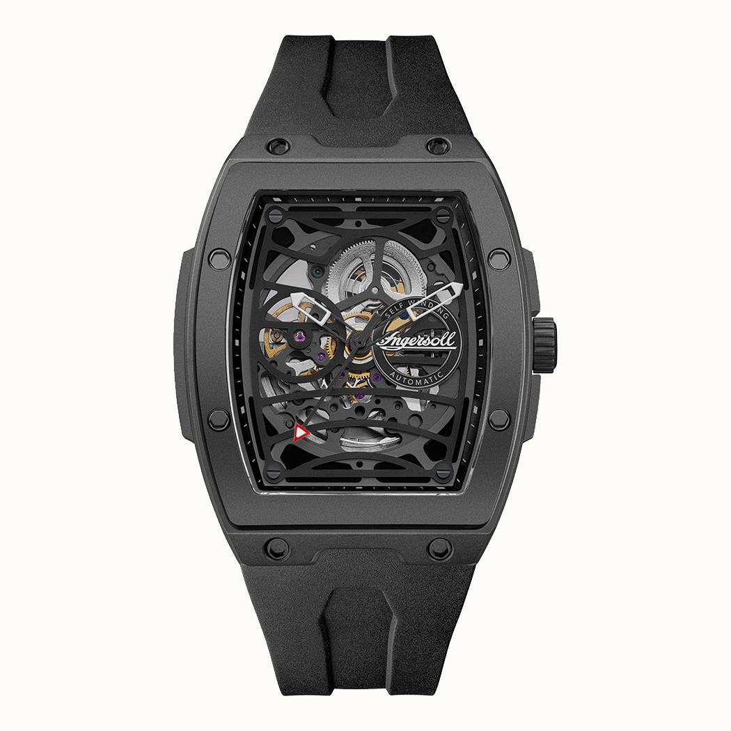 Schwarze Herrenuhr Ingersoll mit Skelett-Zifferblatt und schwarzem Keramikgehäuse