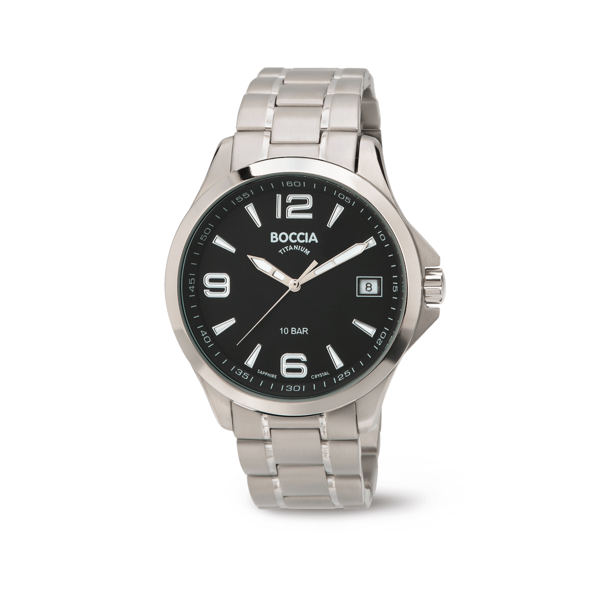 Herrenarmbanduhr Boccia mit schwarzem Zifferblatt, silbernem Metallarmband und Datum