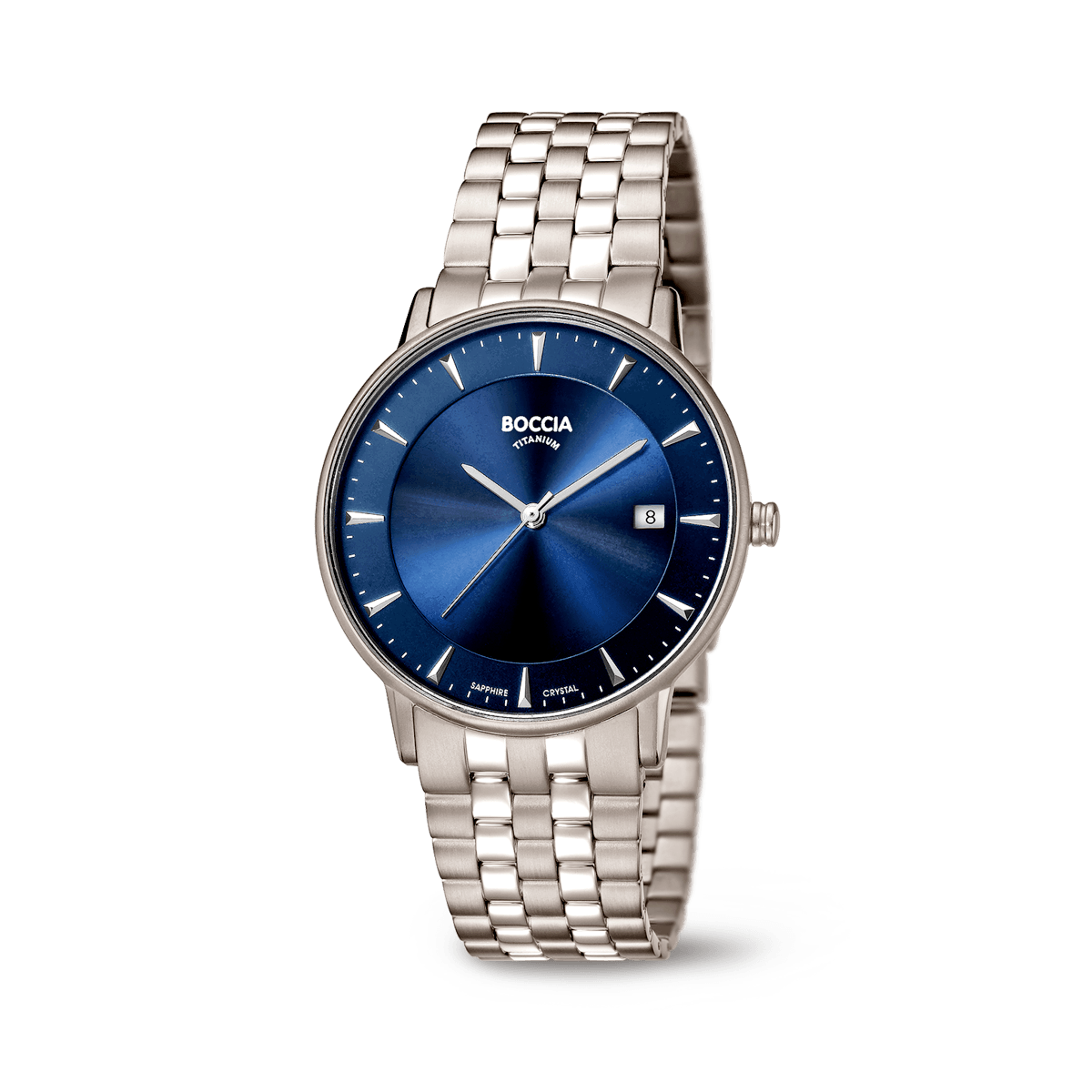 Boccia Herrenarmbanduhr mit blauem Zifferblatt, Datumsfenster und Metallarmband