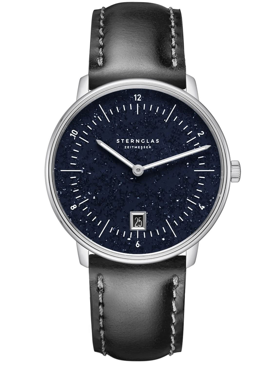 Bracelet avec bracelet en cuir noir, boîtier rond argenté et cadran bleu foncé