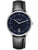Bracelet avec bracelet en cuir noir, boîtier rond argenté et cadran bleu foncé