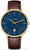 Montre homme avec cadran bleu, boîtier doré et bracelet en cuir marron