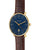 Montre homme avec cadran bleu et boîtier doré, bracelet en cuir marron