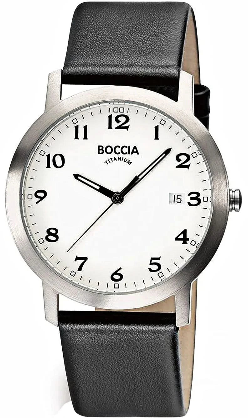 Montre Boccia pour homme : boîtier rond argenté, cadran blanc, bracelet en cuir noir.