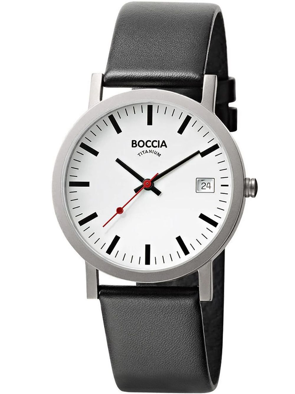 Herrenarmbanduhr Boccia mit Titan-Gehäuse, schwarzem Lederband, weißem Zifferblatt und Datumsfenster