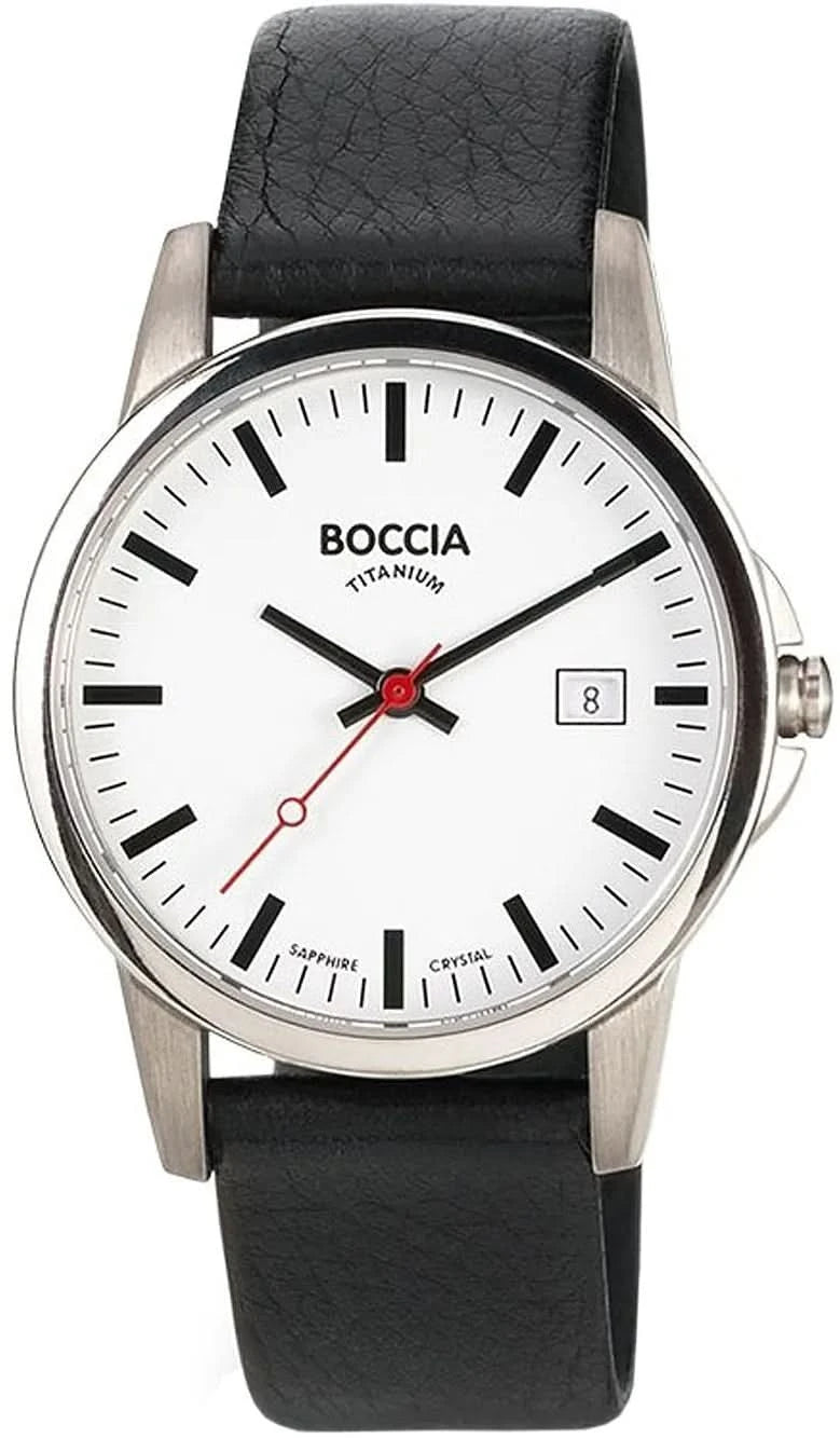Bracelet de montre pour homme avec cadran blanc rond, bracelet en cuir foncé et boîtier en titane Boccia