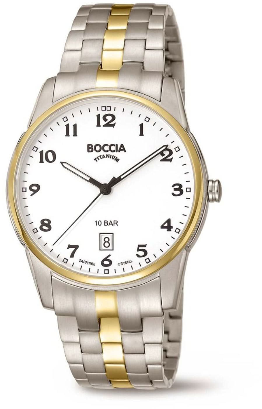 Herrenarmbanduhr Boccia mit weißem Zifferblatt, goldfarbenen Akzenten und Datumsfenster