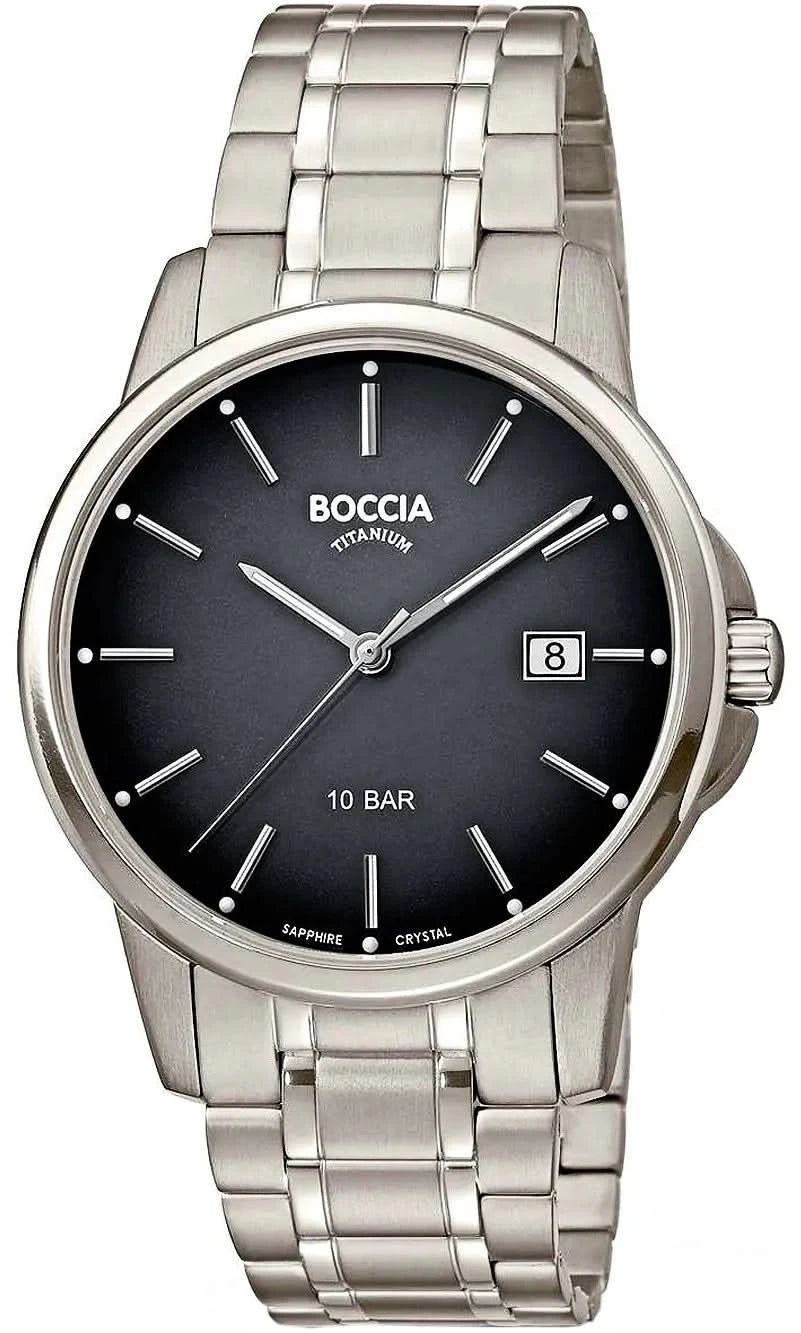 Montre Boccia pour homme avec bracelet en métal argenté et cadran noir, guichet date