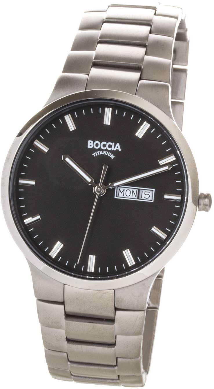 Bracelet de montre Boccia pour homme avec cadran noir, index bâtons, guichet date et bracelet en titane