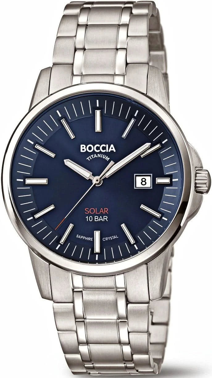 Montre Boccia pour homme avec bracelet en métal et cadran bleu, index bâtons et date