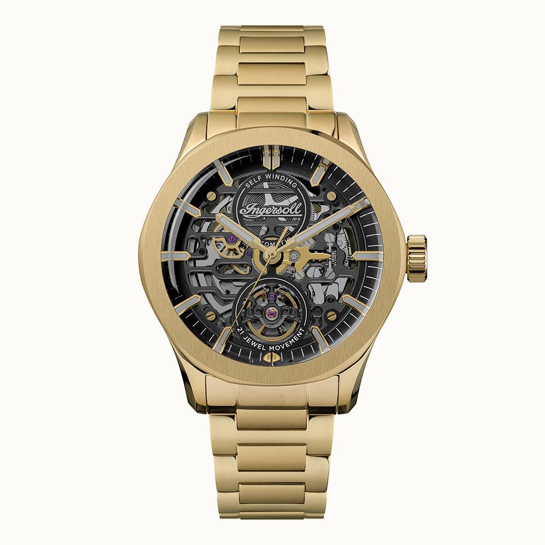Herrenuhr mit goldfarbenem Edelstahlband und schwarzem Automatik-Zifferblatt