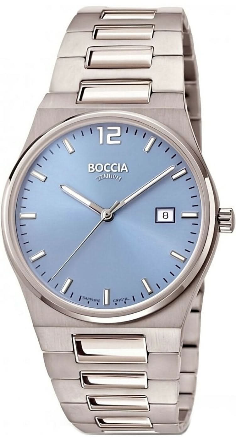 Bracelet de montre Boccia pour homme en acier inoxydable argenté, cadran bleu et affichage de la date