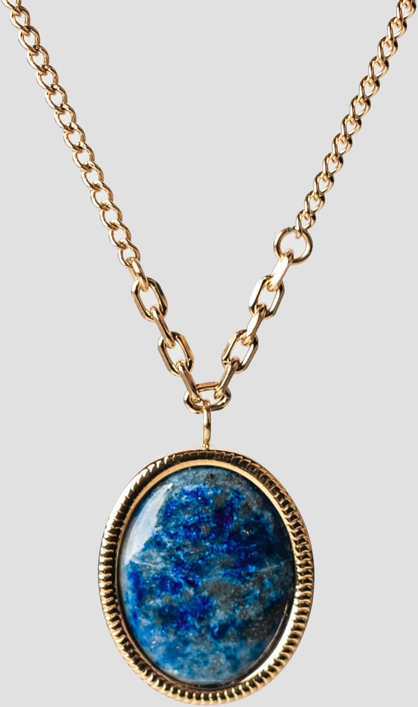 Collier en or avec pendentif ovale et aspect pierre bleue sur le maillon
