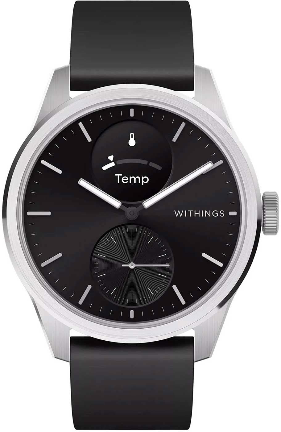 Montre connectée avec bracelet en silicone noir, boîtier argenté et cadran noir