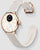 Montre connectée pour femme avec lunette or rose et bracelet en silicone beige, boîtier visible.