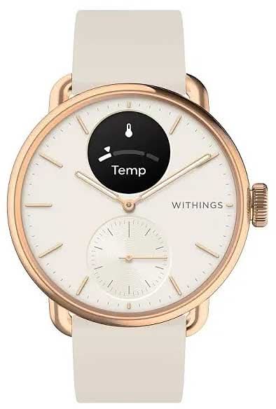 Montre connectée femme : boîtier or rose, bracelet silicone beige, écran noir Temp.