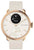 Montre connectée femme : boîtier or rose, bracelet silicone beige, écran noir Temp.