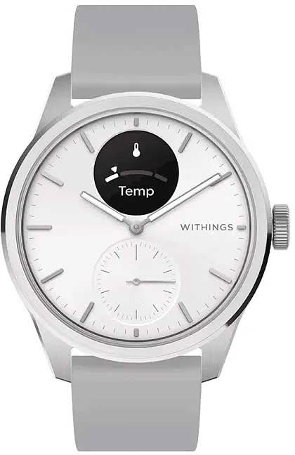 Montre connectée avec boîtier argenté, cadran blanc et bracelet en silicone gris