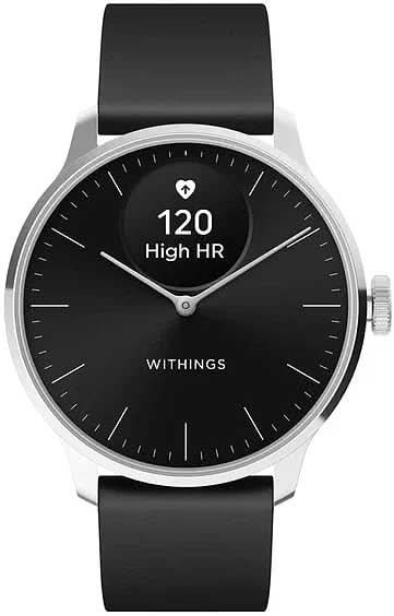 Montre connectée ronde avec cadran noir, bracelet en silicone noir et boîtier argenté