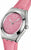 Montre Swatch pour femme, avec bracelet en cuir rose sur le côté, boîtier argenté et cadran rose.