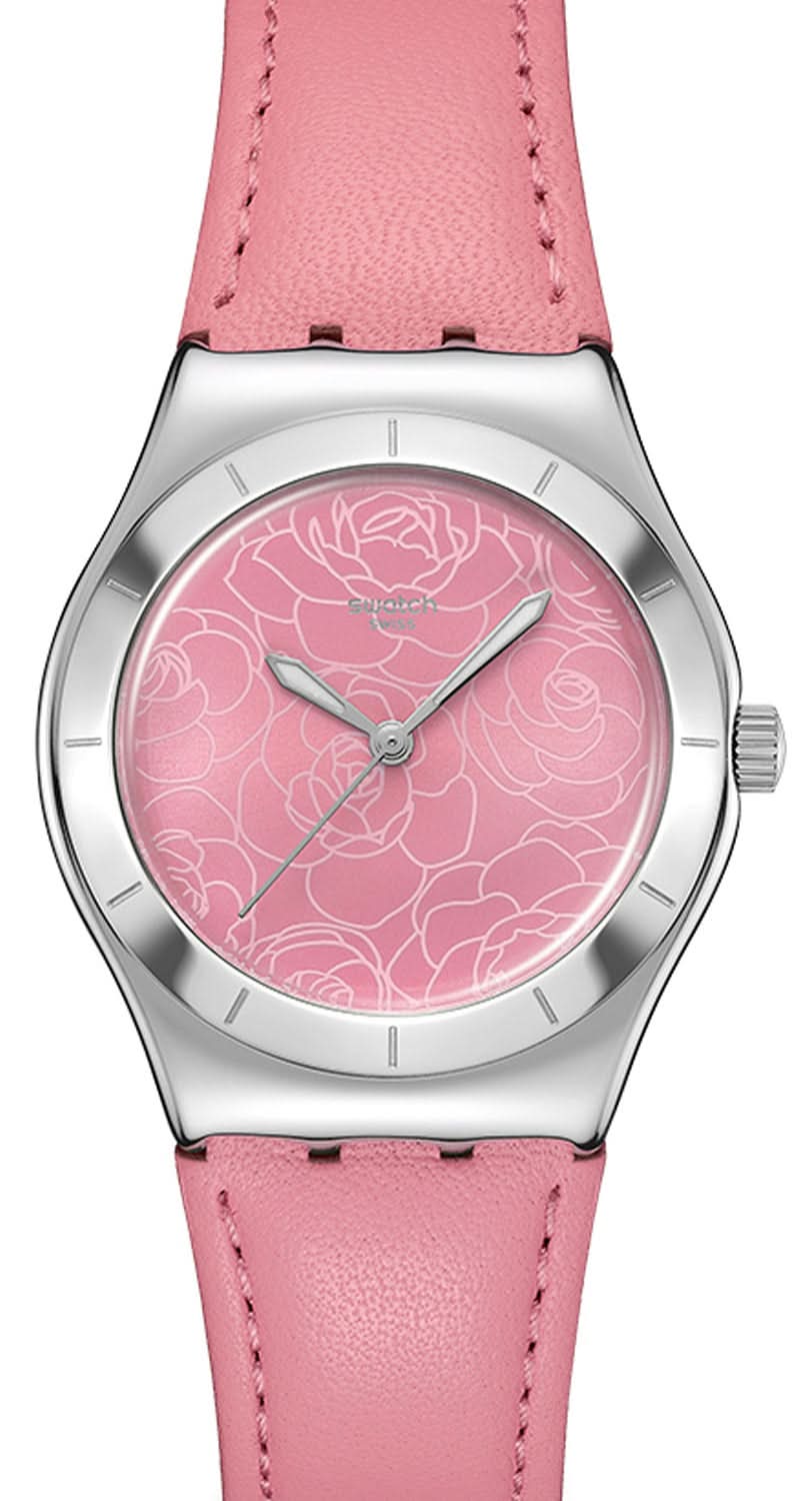 Montre Swatch pour femme avec boîtier argenté, bracelet en cuir rose et cadran à fleurs rose vif.