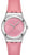 Montre Swatch pour femme avec boîtier argenté, bracelet en cuir rose et cadran à fleurs rose vif.