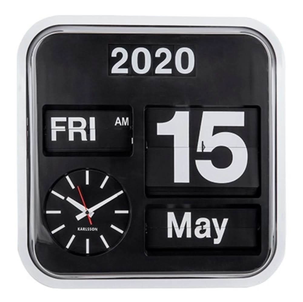 Horloge murale avec cadran noir, affichage 2020/15 et fonction calendrier, cadre blanc