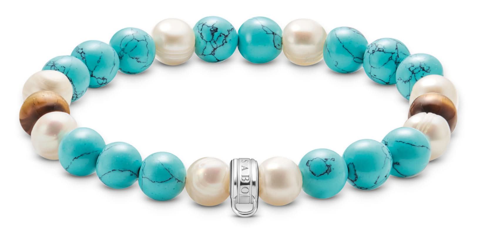 Bracelet en perles avec perles de turquoise et perles blanches, fermoir à breloque argenté