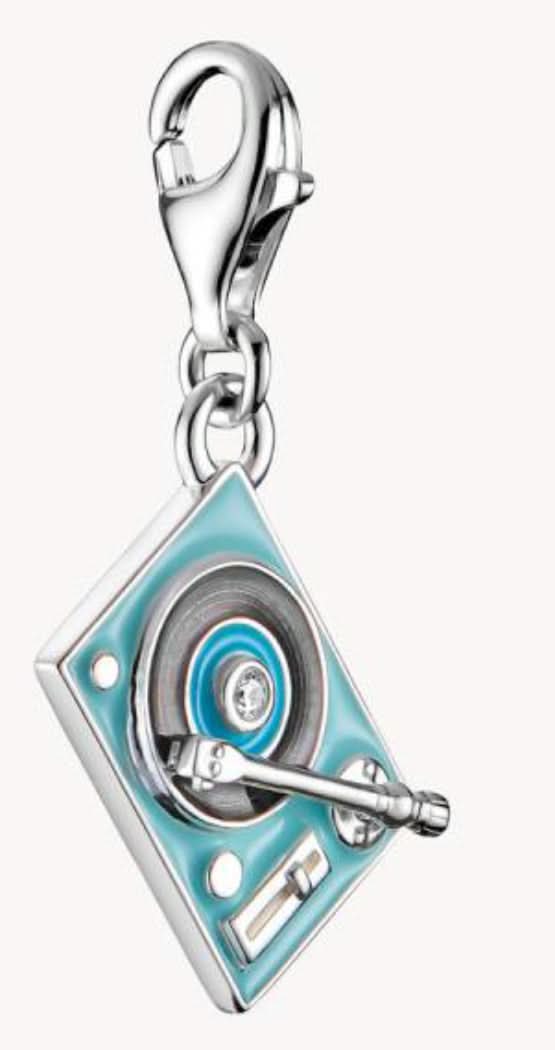 Pendentif breloque en argent avec motif tourne-disque, émail bleu turquoise et disque rond