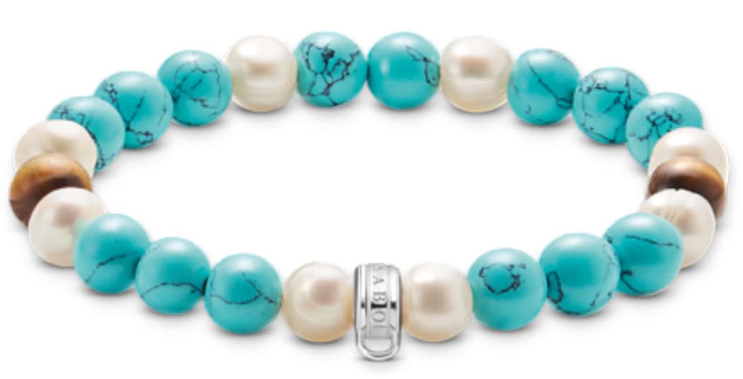 Bracelet avec perles turquoise et blanches, fermoir mousqueton argenté