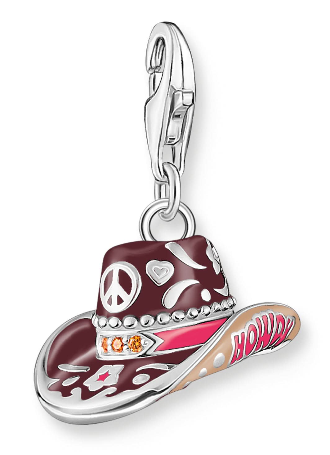 Pendentif breloque argenté : chapeau de cowboy bordeaux avec symbole peace et pierres décoratives