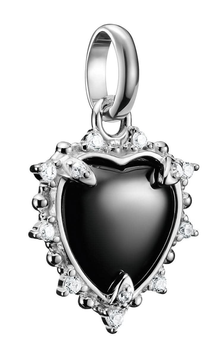 Pendentif breloque cœur vintage : pierre noire, monture argentée avec zircons