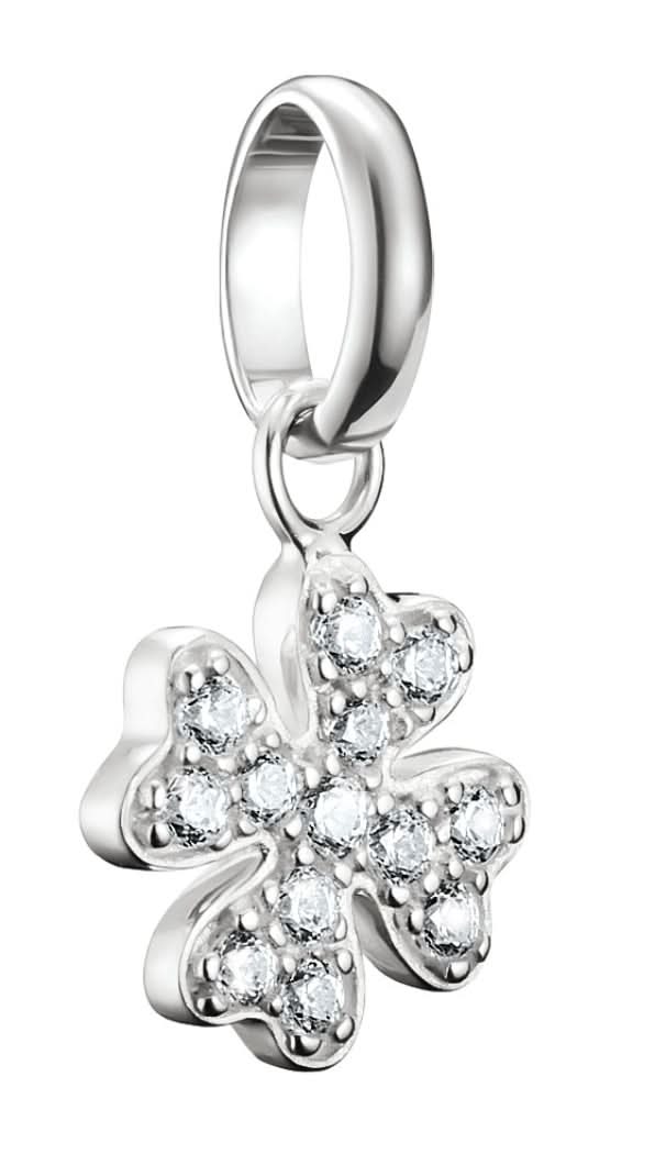 Pendentif breloque trèfle argenté avec pierres scintillantes, sur anneau de bélière