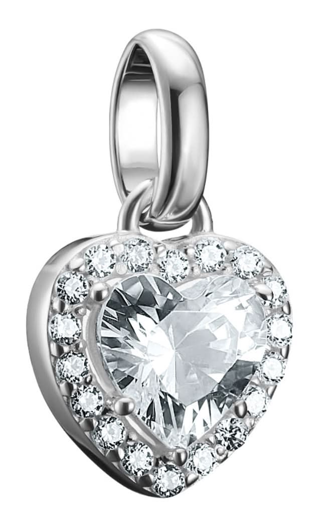 Pendentif charm cœur argenté avec bordure de pierres et grande zircone cubique